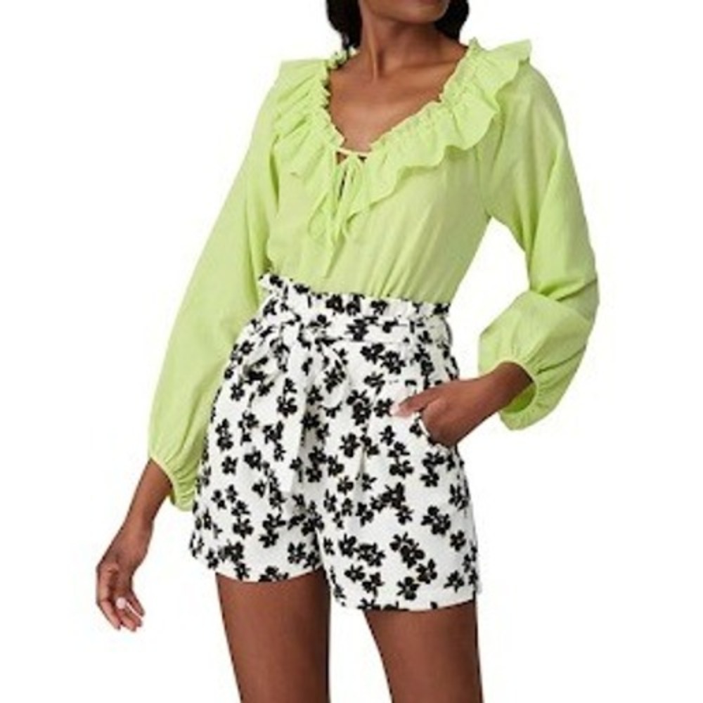 Love Whit, Whitney Port Ruffle‎ Blouse Lime Green 100% Cotton Tie Women's Size M